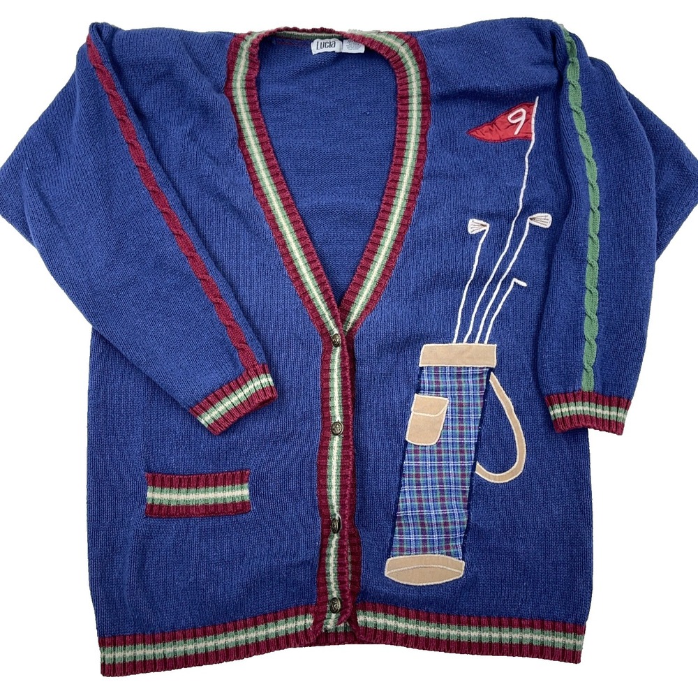 Vintage Golf Cardigan Sweater Women Medium V Neck Grandma Boho Lucia Clubs
